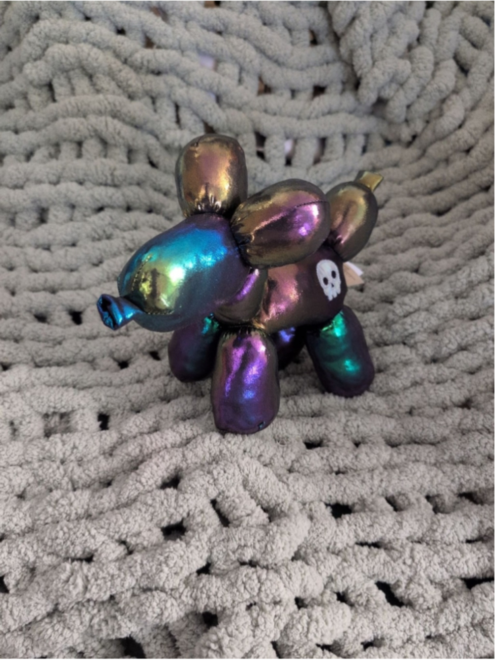 Iridescent Balloon Dog Plush with Skull Detail